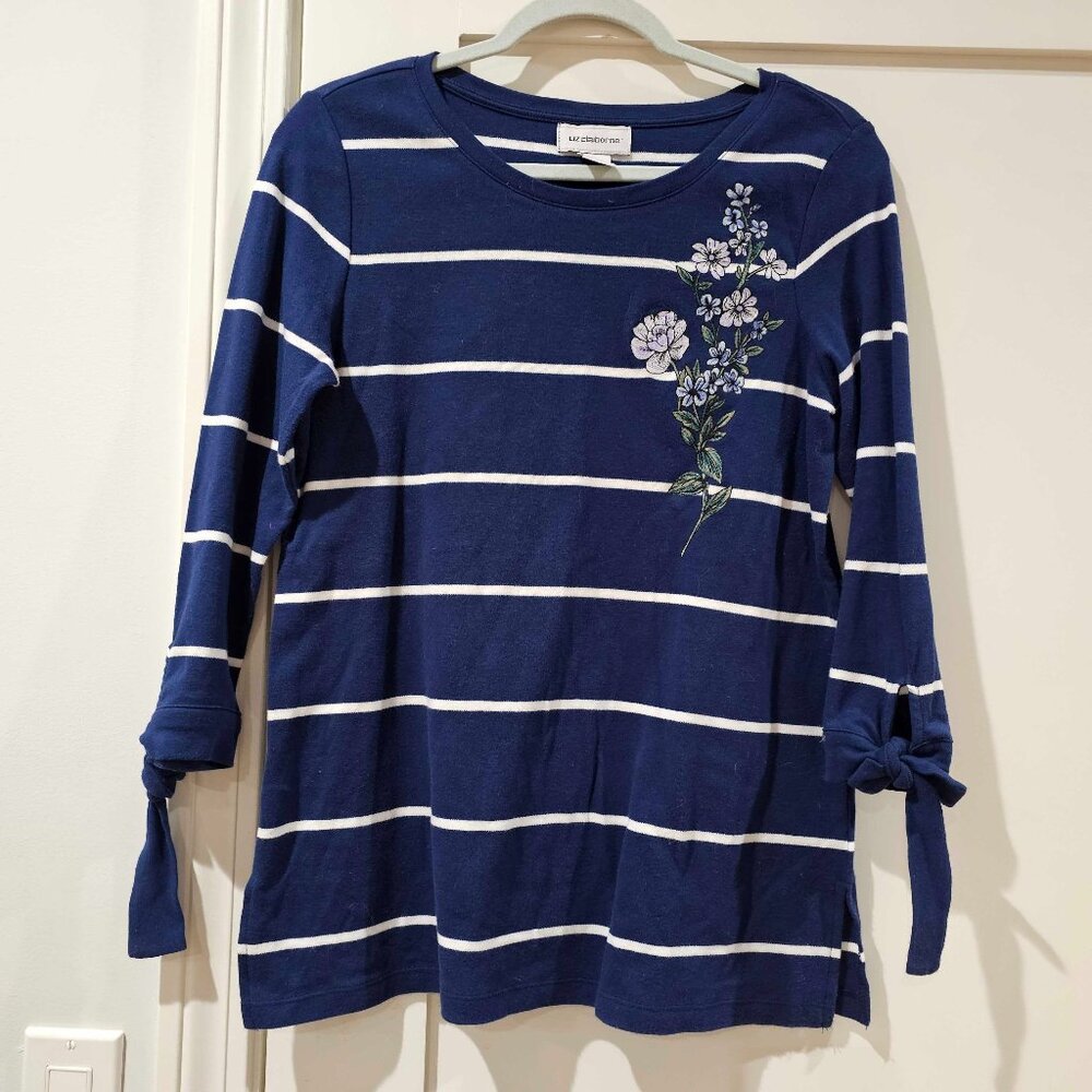 Liz Claiborne Navy Striped Embroidered Floral Tie-Sleeve Top Size S 100% Cotton